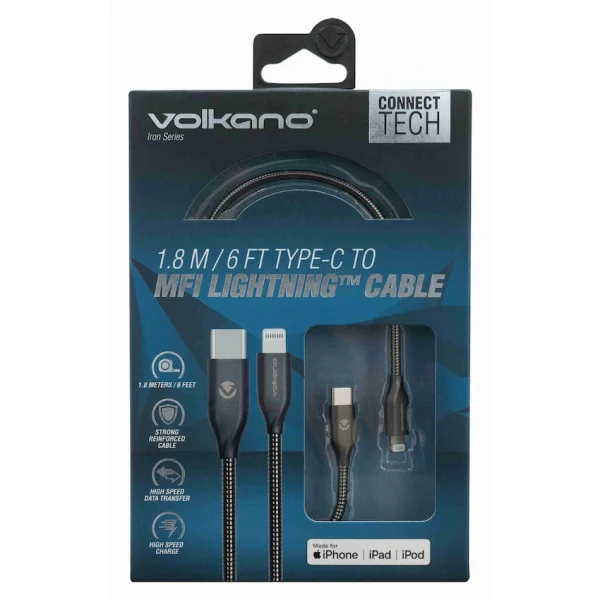 Volkano Iron Series Type-C to MFI Lightning Cable 6ft - Gun Metal - Image 2