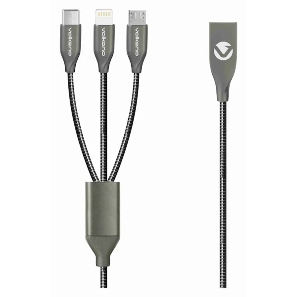 Volkano Iron Series Round Metallic Spring 3-in-1 (Type-C/Lightning/Micro) Cable 1m - Black - Image 2