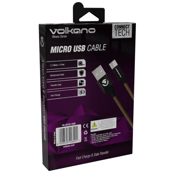 Volkano Weave Series Fabric Braided Micro USB Cable 1.2m - Army Green - Image 2