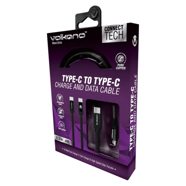 Volkano Weave Series Type-C to Type-C Cable (1.2m, 60w) - Black - Image 3