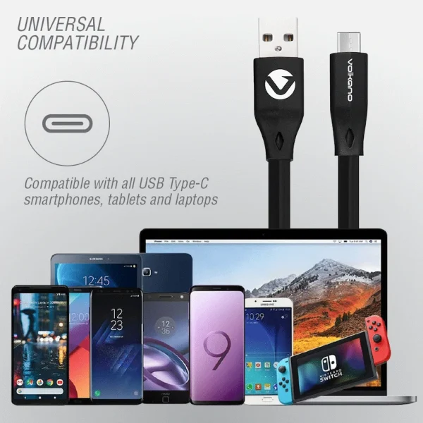 Volkano Slim Series Flat PVC Type-C Cable 1.2m - Black - Image 3