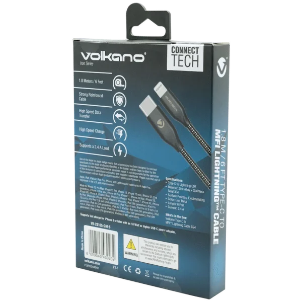 Volkano Iron Series Type-C to MFI Lightning Cable 6ft - Gun Metal