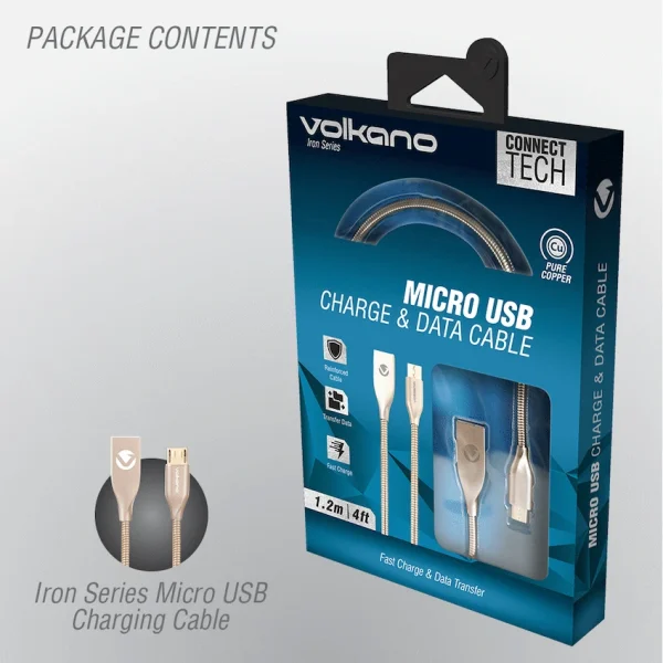 Volkano Iron Series Round Metallic Spring Micro USB Cable 1.2m - Champagne Gold - Image 2