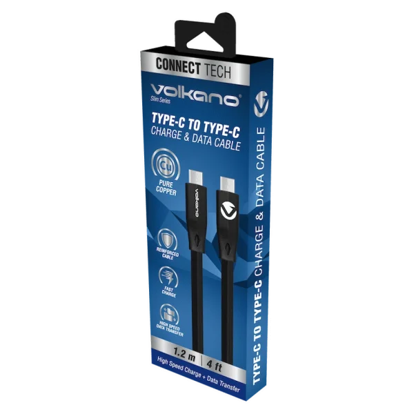 Volkano Slim Series Type-C to Type-C Cable - Black (1.2m) - Image 2
