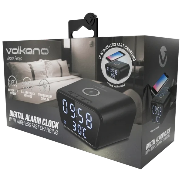 Volkano Awake Series Alarm Clock with Wireless Charging - Black