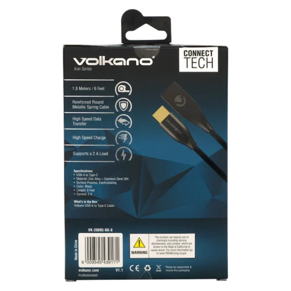 Volkano Iron Series Round Metallic Spring Type-C Cable 6ft - Black - Image 2