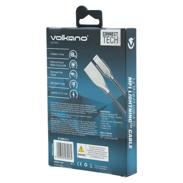 Volkano Iron Series Round Metallic Spring MFI Lightning Cable 6ft - Silver - Image 2