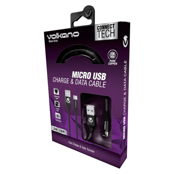 Volkano Weave Series Fabric Braided Micro-USB Cable 3m - Black