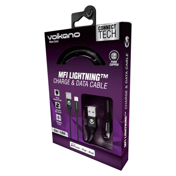 Volkano Weave Series Fabric Braided MFI Lightning Cable 3m - Black - Image 3