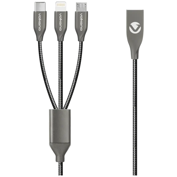 Volkano Iron Series Round Metallic Spring 3-in-1 (Type-C/Lightning/Micro) Cable 1m - Black