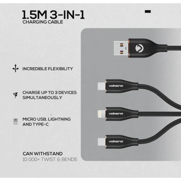 Volkano Flexi Series 3-in-1 Charging Cable - Black - Image 3