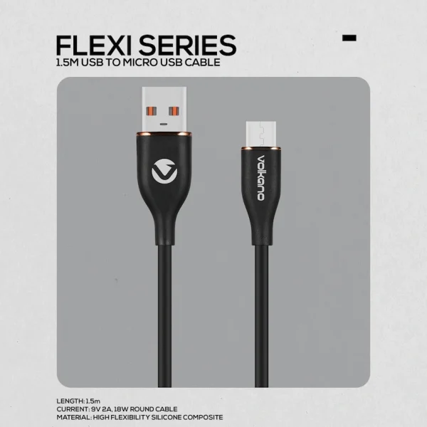 Volkano Flexi Series USB to Micro USB 1.5m 18w - Black - Image 2