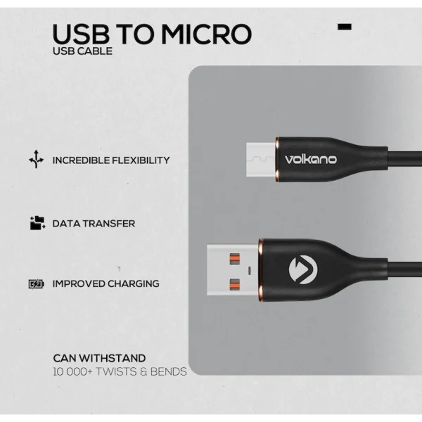 Volkano Flexi Series USB to Micro USB 1.5m 18w - Black - Image 3
