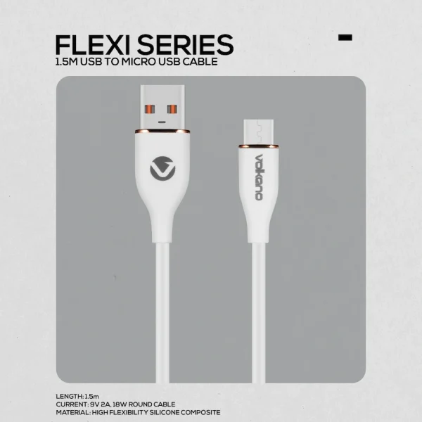 Volkano Flexi Series USB to Micro USB 1.5m 18w - White - Image 2