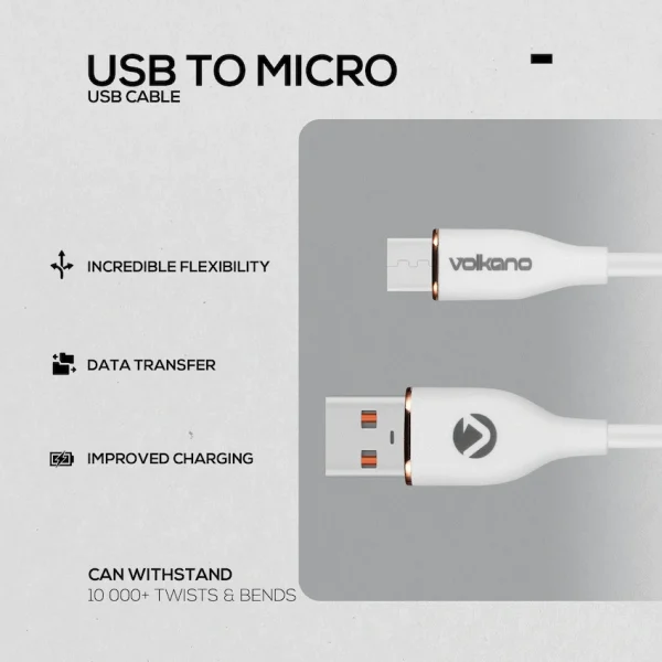 Volkano Flexi Series USB to Micro USB 1.5m 18w - White - Image 3
