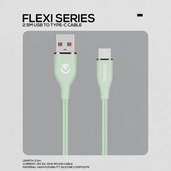 Volkano Flexi Series USB to Type-C 2.5m 30w - Green - Image 2