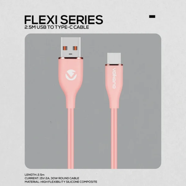 Volkano Flexi Series USB to Type-C 2.5m 30w - Pink - Image 3
