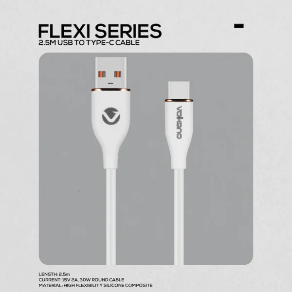 Volkano Flexi Series USB to Type-C 2.5m 30w - White - Image 3