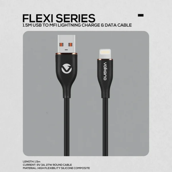 Volkano Flexi Series USB to MFI Lightning 1.5m 5v 2.4a 12w - Black - Image 3
