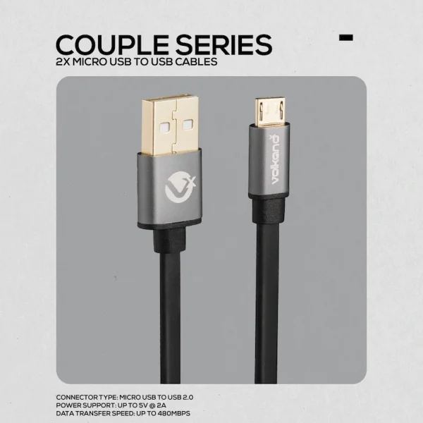 VolkanoX Couple Series Micro USB Premium Twin Pack 1m Charge/Data Cable - Black - Image 3