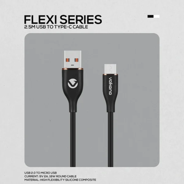 Volkano Flexi Series USB to Micro USB 2.5m 18w - Black - Image 2