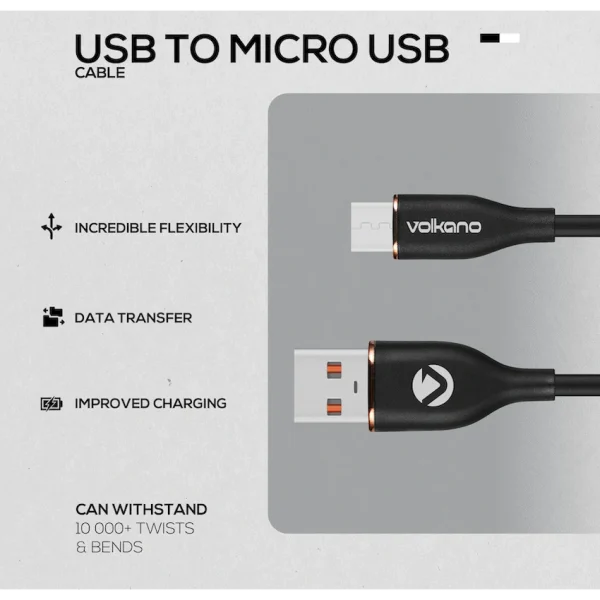 Volkano Flexi Series USB to Micro USB 2.5m 18w - Black - Image 3