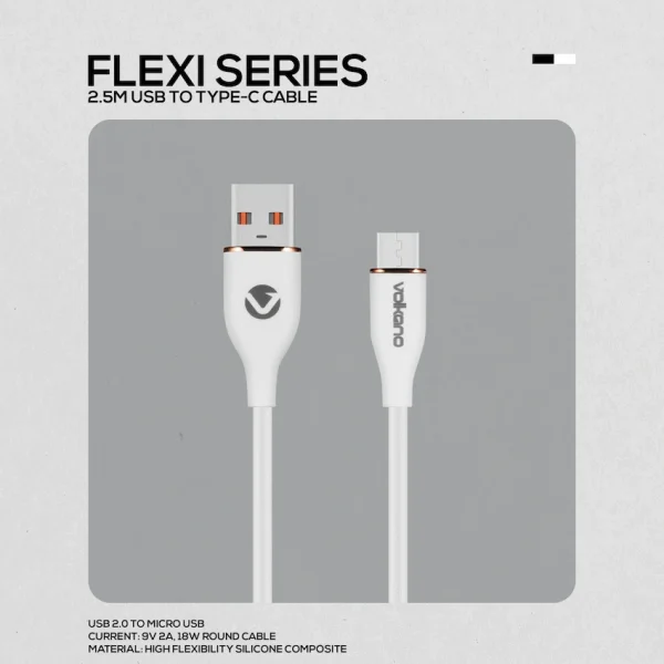 Volkano Flexi Series USB to Micro USB 2.5m 18w - White - Image 2