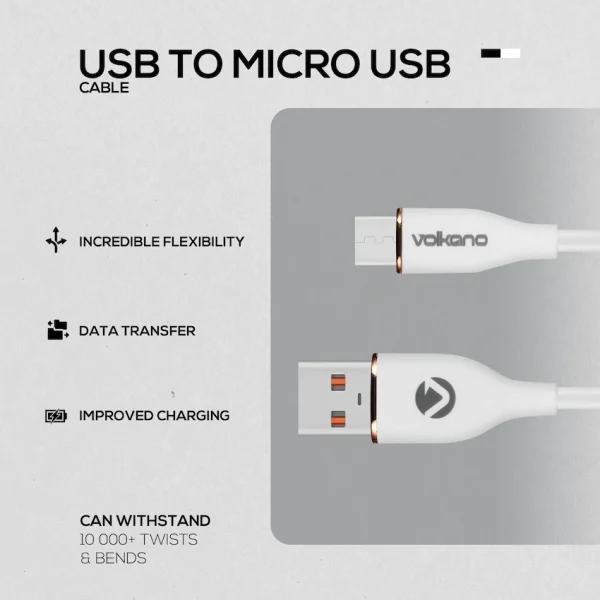 Volkano Flexi Series USB to Micro USB 2.5m 18w - White - Image 3
