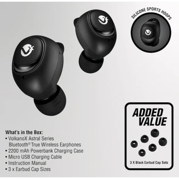 VolkanoX Astral Series True Wireless Earphones with Power Bank Charging Case - Black - Image 3