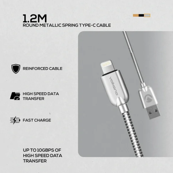 Volkano Iron Series Round Metallic Spring MFI Lightning Cable 1.2m - Silver - Image 2