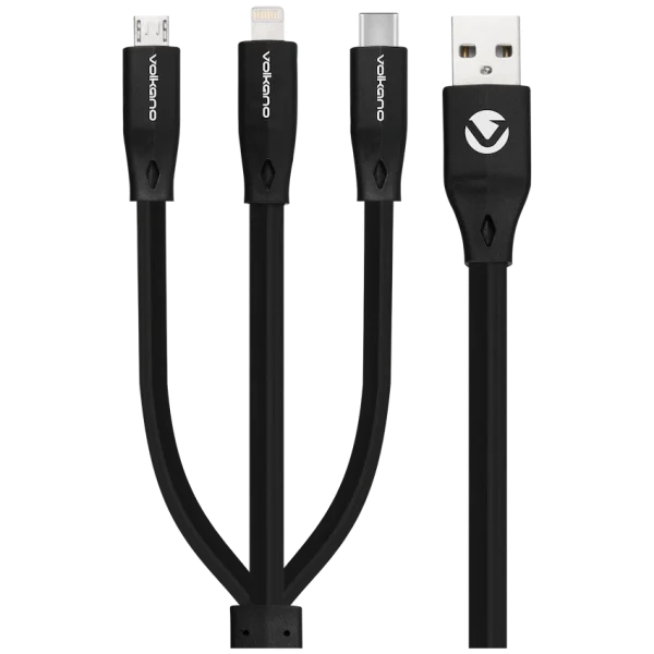 Volkano Slim Series Flat PVC 3-in-1 (Type-C / Lightning / Micro) Cable 1m - Black