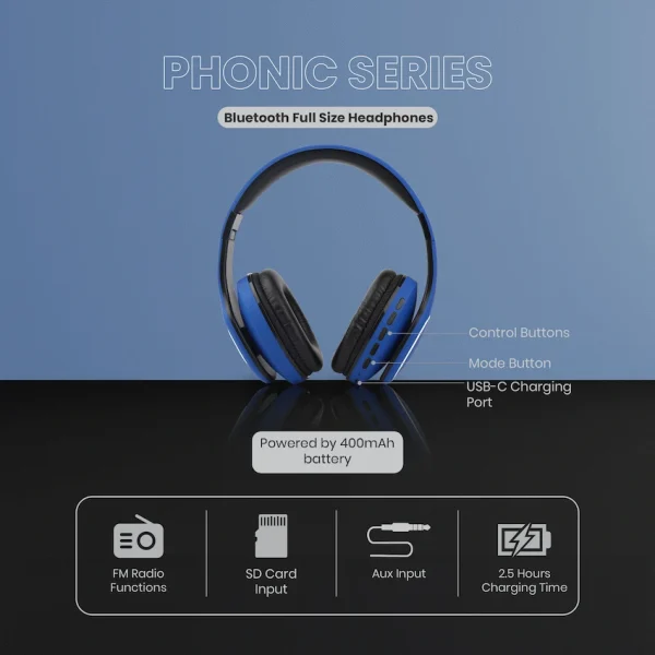 Volkano Phonic Series Bluetooth Full Size Headphones - Blue - Image 17