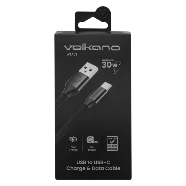 Volkano Weave Series Braided Type-C Cable 3m 30w - Black - Image 3