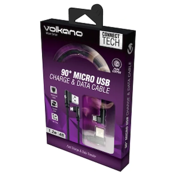 Volkano Weave Series Fabric Braided 90° Micro USB Cable 1.2m - Black - Image 3